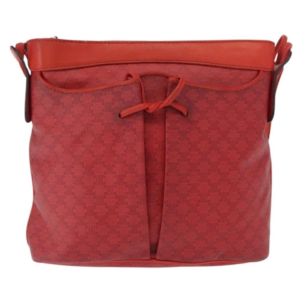 Authentic CELINE Macadam Canvas Shoulder Bag Red Gold - Picture 5 of 16